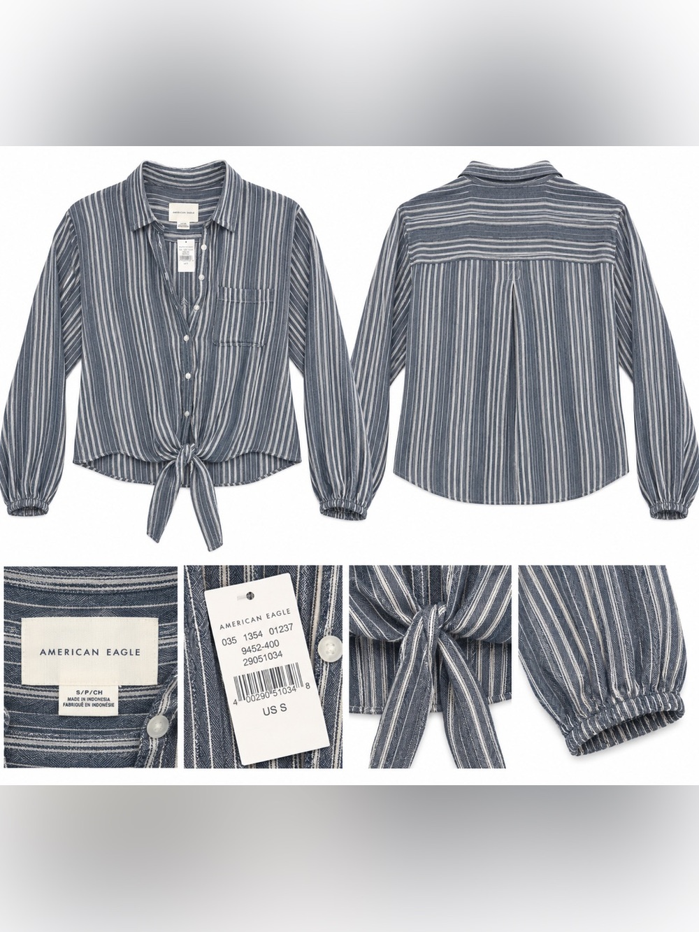 American Eagle Outfitters Navy and White Striped Tie-Front Button-Down Shirt